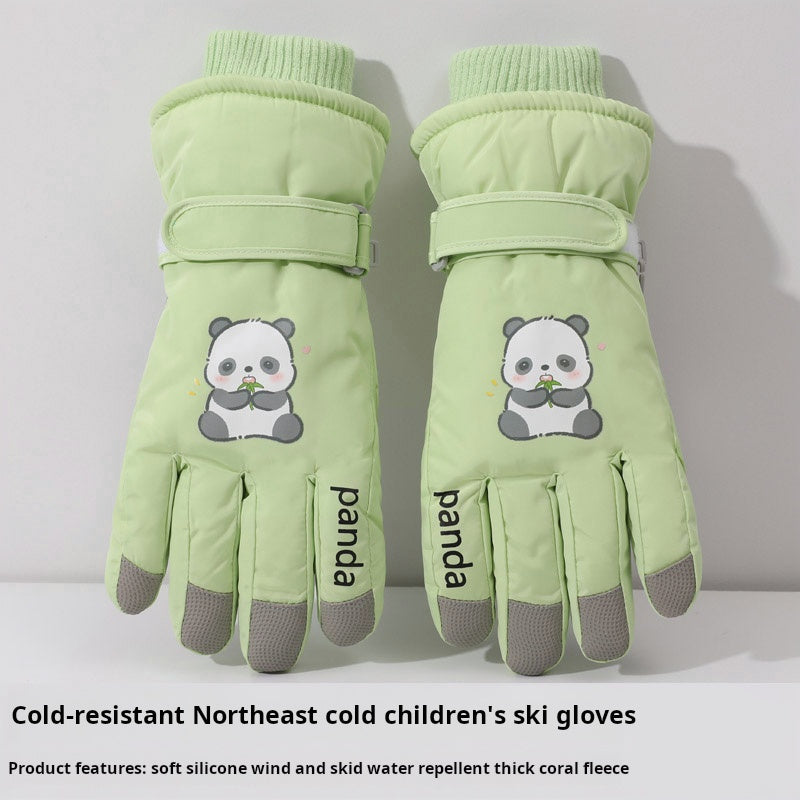 1 Pair Women'S Winter Ski Gloves, Cute Panda Design, Touchscreen Compatible, Polyester Thermal Lining, Velvet Palm, Magic Tape Closure, Hand Washable, Weather-Resistant